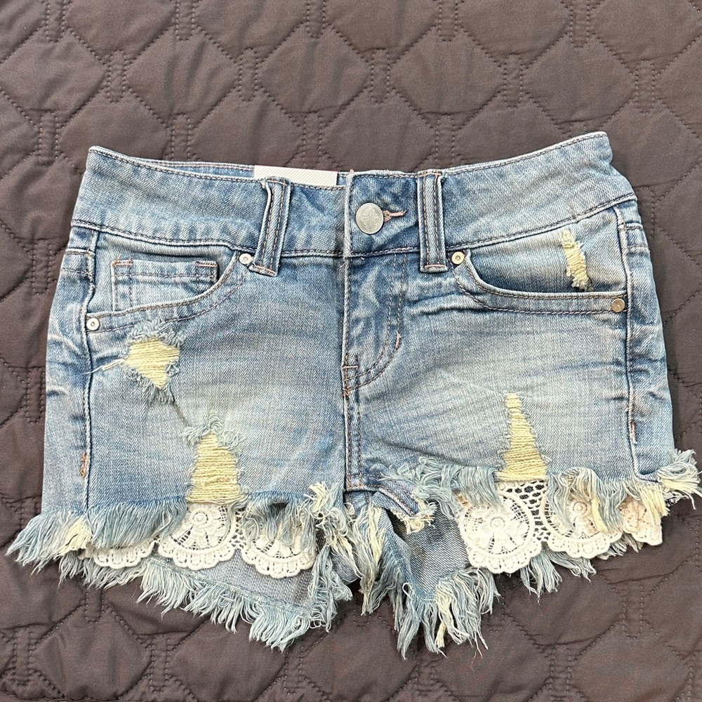 Daytrip Girls Light Blue Distressed Denim Shorts with Crochet Trim